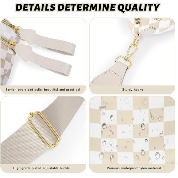 Womens Checkered Nylon Bum Bag Travel Purse Large Water-Resistant Stylish - Picture 5 of 6